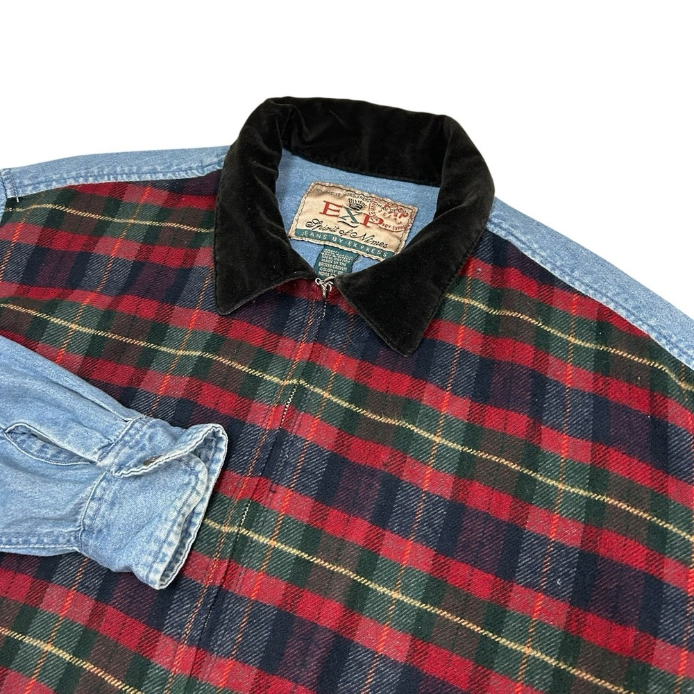 EXPRESS Spirit Of The Nines Shirt‎ Womens Large Flannel Denim Full Zip VTG 1990s